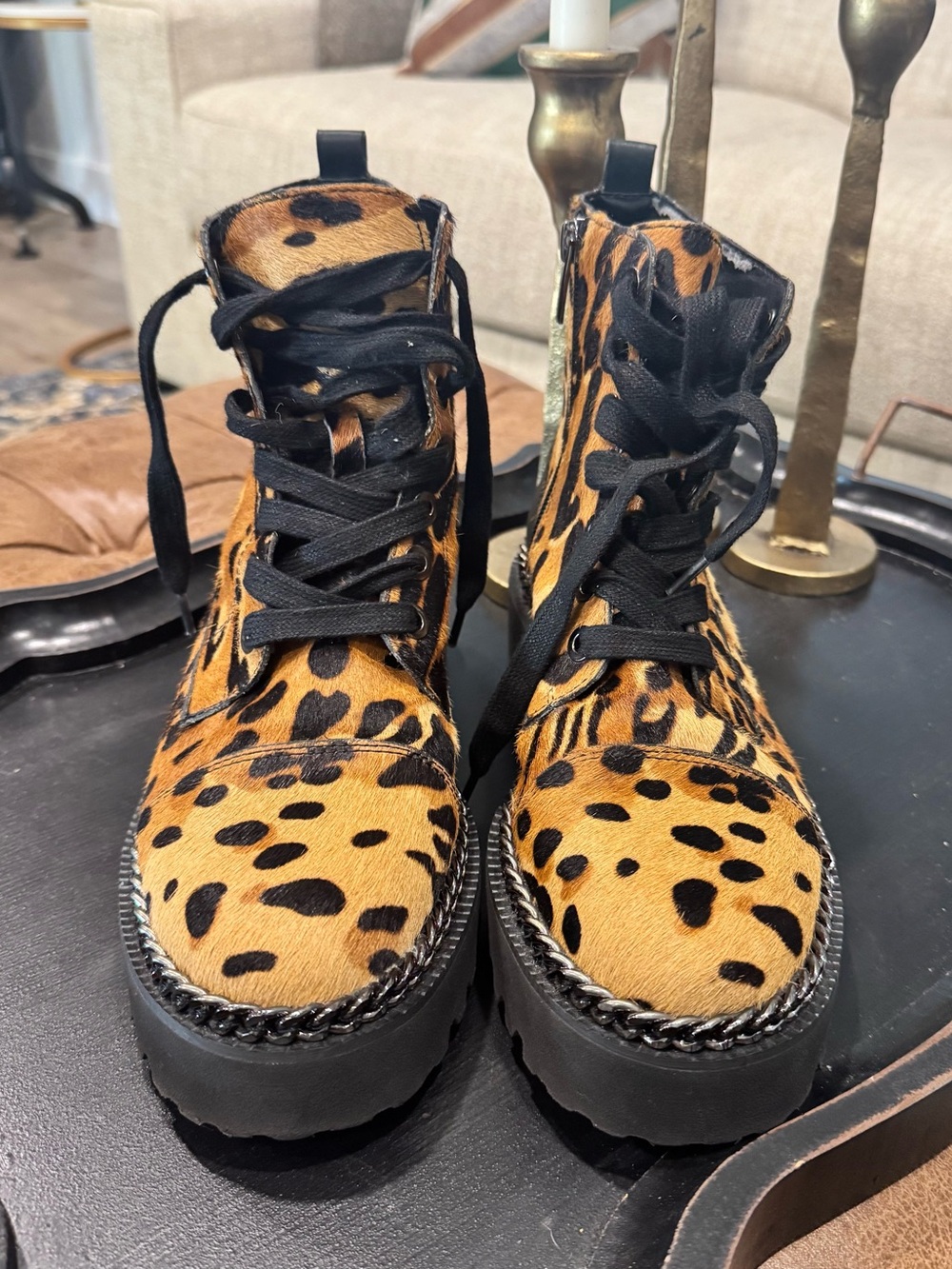 Vince Camuto Leopard Print Combat Boots with Black Laces